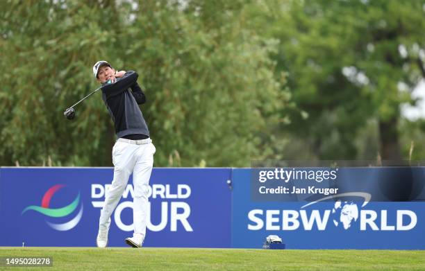 Rikuya Hoshino of Japan tees off on the 10th hole during the first round of the Porsche European Open at Green Eagle Golf Course on June 01, 2023 in...