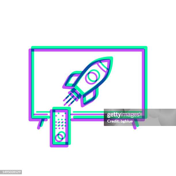 tv with rocket. icon with two color overlay on white background - watching rocket launch stock illustrations