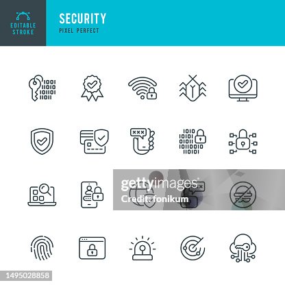 SECURITY - set of vector linear icons. Pixel perfect. Editable stroke. The set includes a Data Encryption, Password, Biometrics, Security Code, Fingerprint, Malware Searching, Wireless Network Protection, Browser Protection. SECURITY - set of vector linear icons. Pixel perfect. Editable stroke. The set includes a Data Encryption, Password, Biometrics, Security Code, Fingerprint, Malware Searching, Wireless Network Protection, Browser Protection.