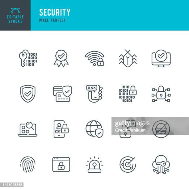 bildbanksillustrationer, clip art samt tecknat material och ikoner med security - set of vector linear icons. pixel perfect. editable stroke. the set includes a data encryption, password, biometrics, security code, fingerprint, malware searching, wireless network protection, browser protection. - antivirus software