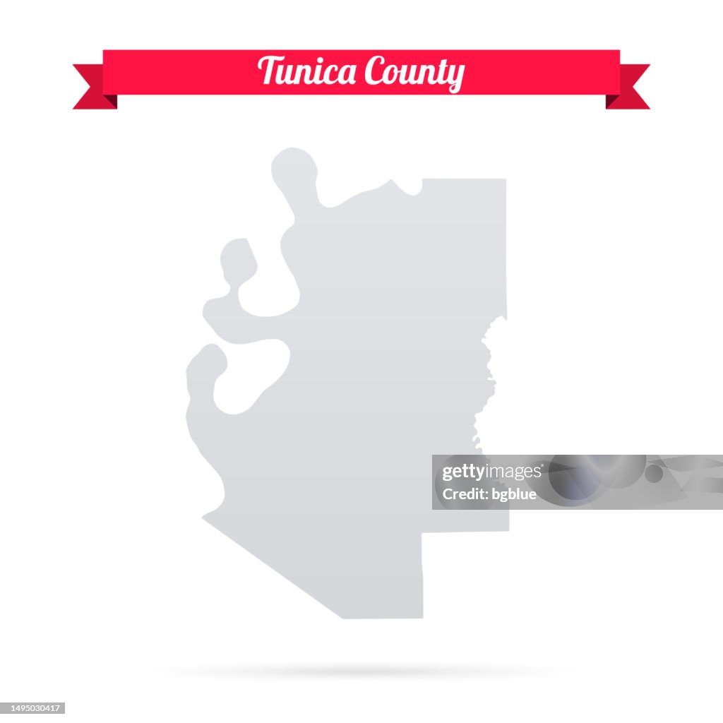 Tunica County, Mississippi. Map on white background with red banner