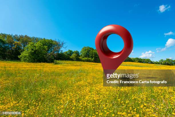 location map pin on  flower meadow - puntina da disegno foto e immagini stock