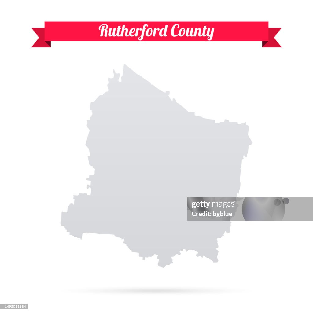 Condado de Rutherford, Tennessee. Mapa sobre fondo blanco con banner rojo