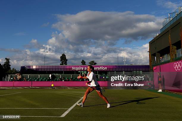 Varvara Lepchenko of the United States plays a forehand during the Women's Singles Tennis match against Veronica Cepede Royg of Paraguay on Day 2 of...