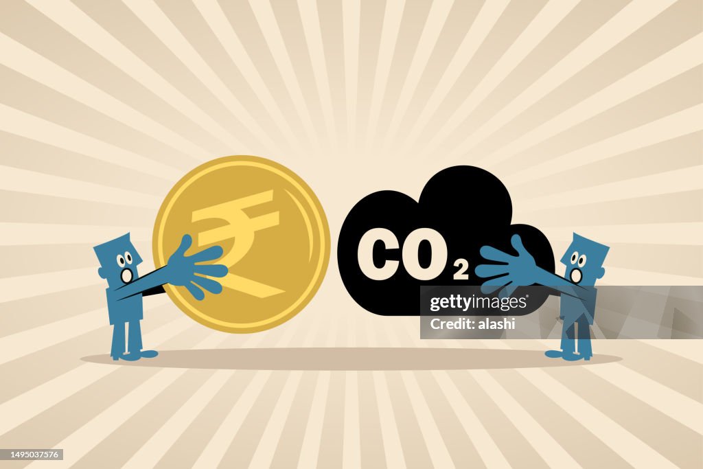 Two people are trading carbon, the concept of Carbon Tax, Net Zero, Cap and Trade, Carbon Offset, Emission Reduction, Exhaust Emissions, and Environmental Protection