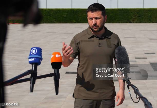 President of Ukraine Volodymyr Zelensky speaks to the press ahead of the European Political Community Summit in Bulboaca at the European Political...