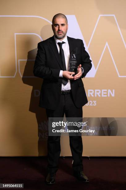 Manager of Western United Mark Torcaso poses with the Liberty A-League Coach of the Year Award at the 2023 Dolan Warren Awards at The Star on June...