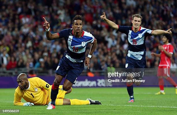 Scott Sinclair of Great Britain celebrates scoring his teams second goal during the Men's Football first round Group A Match between Great Britain...