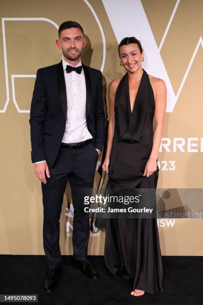 Jay O'Shea of Brisbane Roar and Shea Connors arrive at the 2023 Dolan Warren Awards at The Star on June 01, 2023 in Sydney, Australia.
