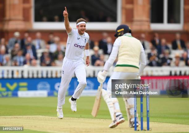 Stuart Broad of England celebrates taking the wicket of Peter Moor of Ireland during Day One of the LV= Insurance Test Match between England and...