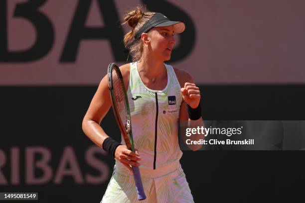 Beatriz Haddad Maia of Brazil celebrates a point against Diana Shnaider during the Women's Singles Second Round match on Day Five of the 2023 French...