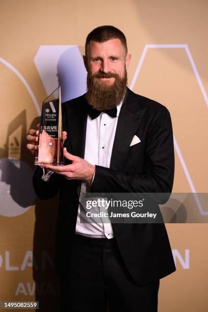 Andrew Redmayne of Sydney FC poses with the Isuzu UTE A-League Save of the Year Award at the 2023 Dolan Warren Awards at The Star on June 01, 2023 in...