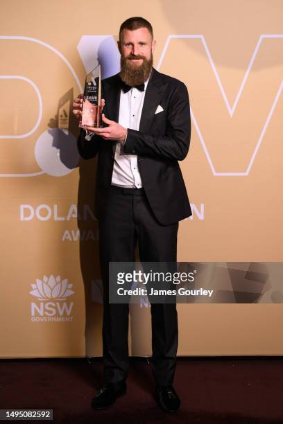 Andrew Redmayne of Sydney FC poses with the Isuzu UTE A-League Save of the Year Award at the 2023 Dolan Warren Awards at The Star on June 01, 2023 in...