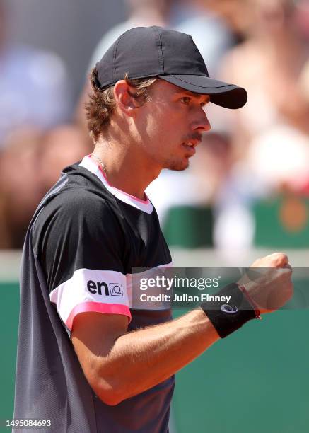 Alex De Minaur of Australia celebrates a point against Tomas Martin Etcheverry of Argentina during the Men's Singles Second Round match on Day Five...