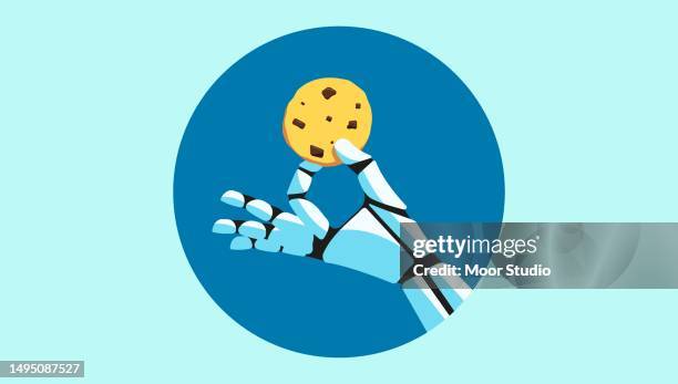 robot hand holding cookie vector illustration - computer cookies stock illustrations