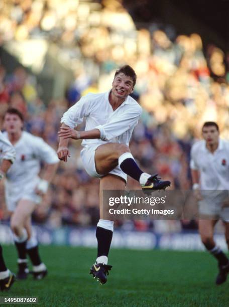 England player Rob Andrew in kicking action during an International match against Fiji at Twickenham on November 4th, 1989 in London, England.