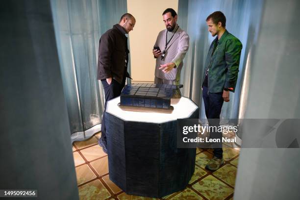 Scale model of "Blue Nomad", a self-sufficient solar floating habitat designed by Institut auf dem Rosenberg, is seen at the London Design Biennale...