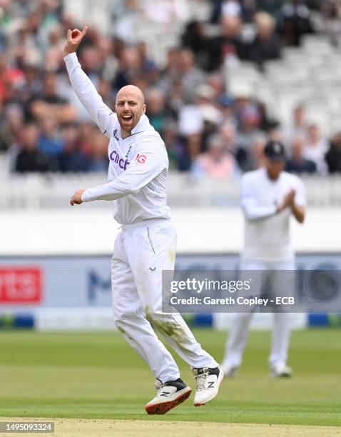 Jack Leach of England celebrates dismissing Paul Stirling of Ireland during day one of the LV= Insurance Test Match between England and Ireland at...