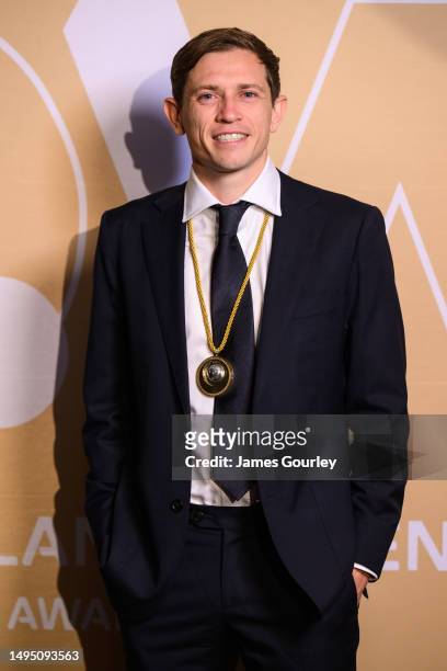 Craig Goodwin of Adelaide United poses with the Johnny Warren Medal at the 2023 Dolan Warren Awards at The Star on June 01, 2023 in Sydney, Australia.