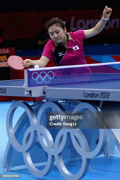 Ai Fukuhara of Japan plays a backhand in her Women's Singles Table Tennis third round match against Anna Tikhomirova of Russia on Day 2 of the London...