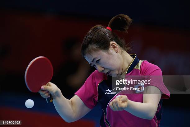 Ai Fukuhara of Japan plays a backhand in her Women's Singles Table Tennis third round match against Anna Tikhomirova of Russia on Day 2 of the London...