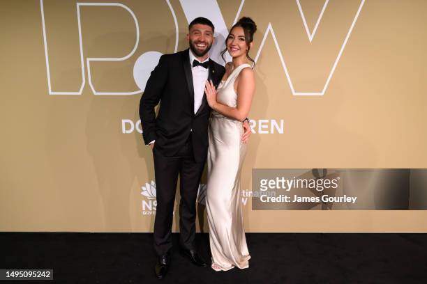 Brandon Borello of the Wanderers and Kristina Petrovic arrive at the 2023 Dolan Warren Awards at The Star on June 01, 2023 in Sydney, Australia.