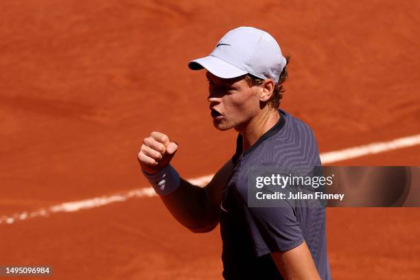 Jannik Sinner of Italy celebrates a point against Daniel Altmaier of Germany during the Men's Singles Second Round match on Day Five of the 2023...