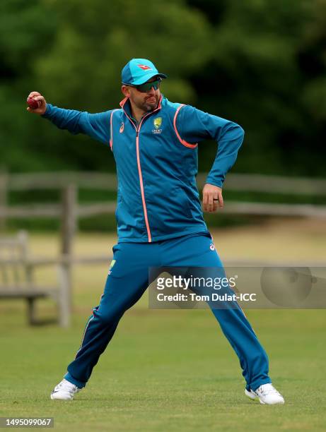 Nathan Lyon of Australia in action during Australia training prior to the ICC World Test Championship Final 2023 at The County Ground on June 01,...