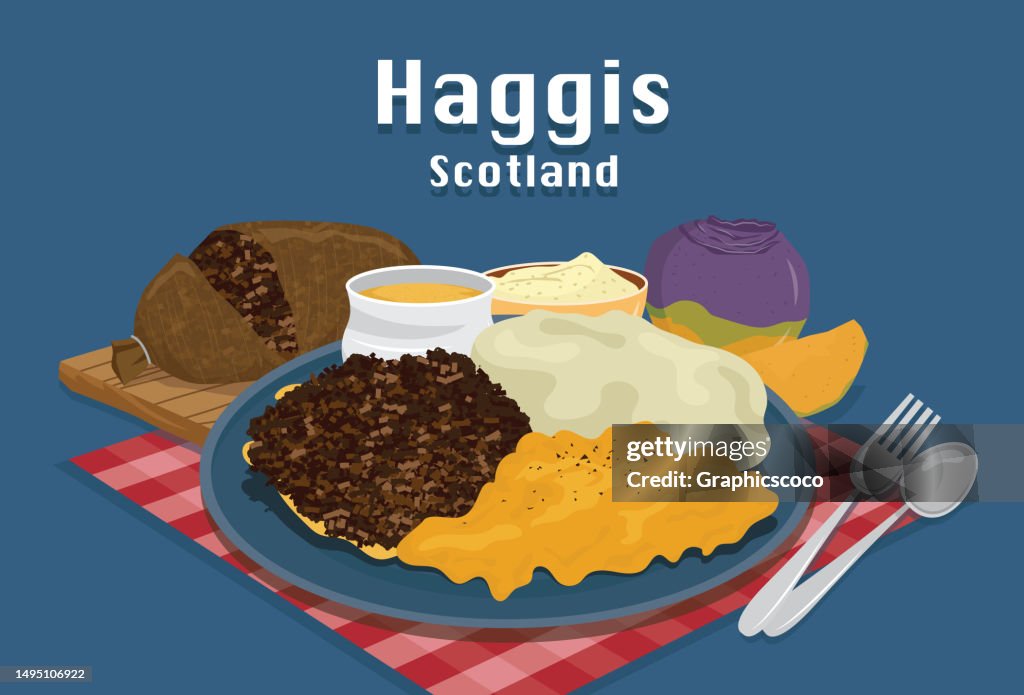 Traditional tasty cuisine. Cartoon of haggis Scottish delicacy, mutton mince with onion and fat cooked in lamb stomach, delicious dish.