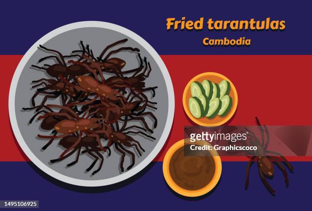 stockillustraties, clipart, cartoons en iconen met traditional tasty cuisine. cartoon of fried spider is a regional snack in cambodia. a famous snack specially for tourists in cambodia. - eetbare bloem