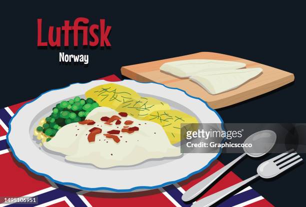illustrazioni stock, clip art, cartoni animati e icone di tendenza di cucina tradizionale gustosa. lutefisk è un piatto natalizio scandinavo di solito viene usato il merluzzo, - lutefisk