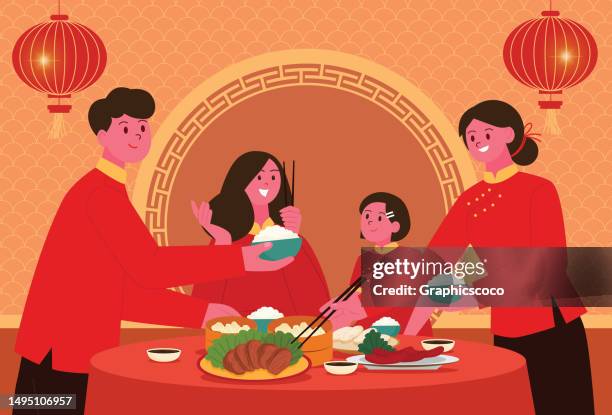 ilustrações de stock, clip art, desenhos animados e ícones de chinese new year reunion dinner illustration. family enjoy their reunion dinner for new year's eve. family new year dinner new year event - family lunch