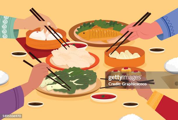 chinese new year reunion dinner illustration. family enjoy their reunion dinner for new year's eve. family new year dinner new year event - chinese food stock illustrations