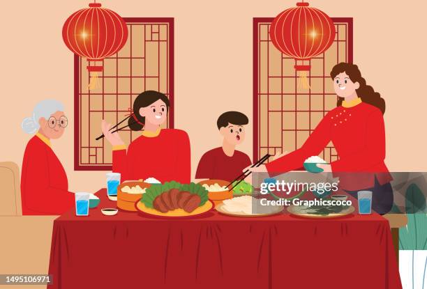 chinese new year reunion dinner illustration. family enjoy their reunion dinner for new year's eve. family new year dinner new year event - women meeting lunch stock illustrations