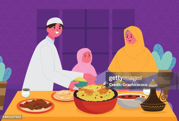 traditional arabic family having dinner together. people of different generation together. - women meeting lunch stock illustrations