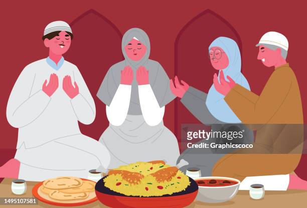 traditional arabic family having dinner together. people of different generation together - women meeting lunch stock illustrations