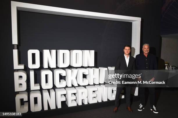 Ben Mckenzie and Founder of CoinGeek and Ayre Group, Calvin Ayre pose for a photo at the London Blockchain Conference, The Queen Elizabeth II...