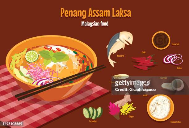 malaysian penang assam laksa, noodles in a seafood or singaporean rice noodle soup with seafood or soto ayam - mackerel stock illustrations