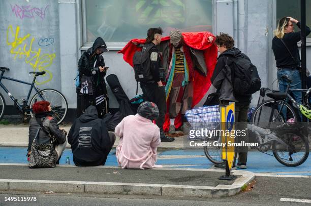 Homeless people with their belongings on the street during the eviction of the Autonomous Winter Shelter which was run by activists in a former...