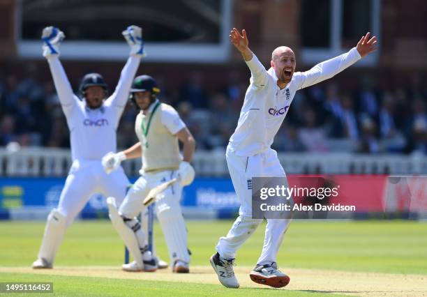 Jack Leach of England appeals successfully for the wicket of Lorcan Tucker of Ireland during Day One of the LV= Insurance Test Match between England...