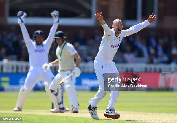 Jack Leach of England appeals successfully for the wicket of Lorcan Tucker of Ireland during Day One of the LV= Insurance Test Match between England...