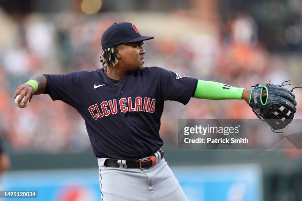 Jose Ramirez of the Cleveland Guardians fields against the Baltimore Orioles at Oriole Park at Camden Yards on May 30, 2023 in Baltimore, Maryland.