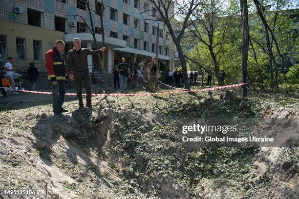 Mayor of Kyiv Vitalii Klychko at the site of of fall of missile debris on June 1, 2023 in Kyiv, Ukraine. As a result of the attack, three people...