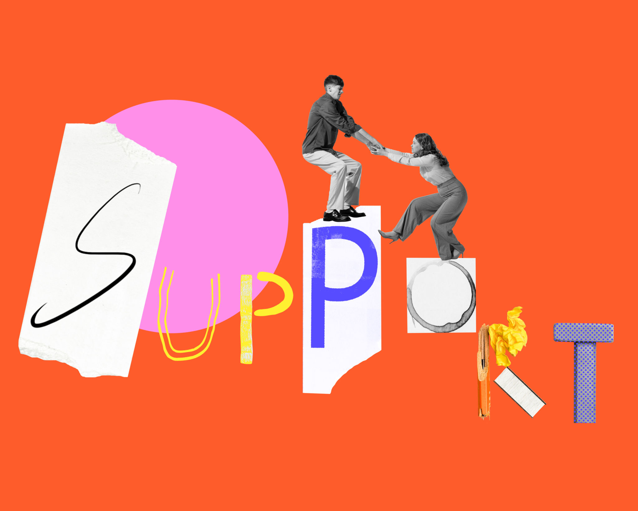 Young man, employee giving helping hand to woman. Support and assistance in professional sphere. Contemporary art collage. Young man, employee giving helping hand to woman. Support and assistance in professional sphere. Contemporary art collage.