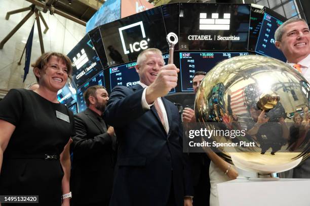 Knife River Corporation CFO Nathan Ring, rings the bell on the floor of the New York Stock Exchange as the company goes public on June 01, 2023 in...