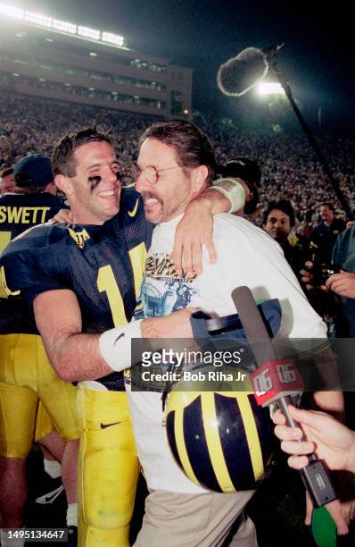 Michigan Wolverines Quarterback Brian Griese post game celebration in team winning Rose Bowl game against Washington State Cougars, January 1, 1998...