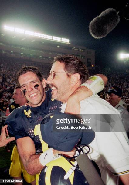 Michigan Wolverines Quarterback Brian Griese post game celebration in team winning Rose Bowl game against Washington State Cougars, January 1, 1998...