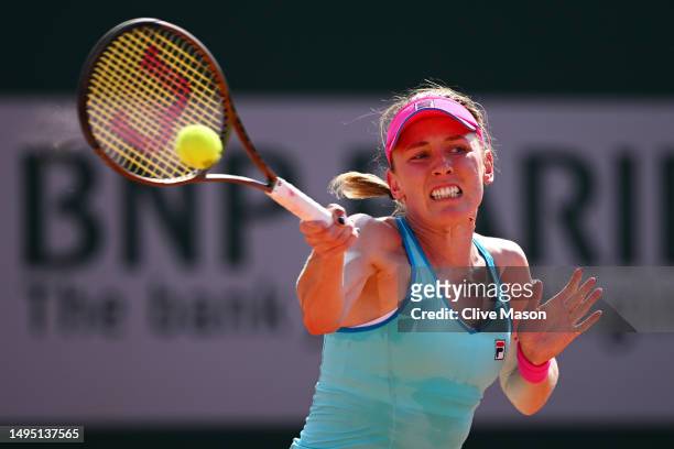 Ekaterina Alexandrova plays a forehand against Anna-Lena Friedsam of Germany during the Women's Singles Second Round match on Day Five of the 2023...
