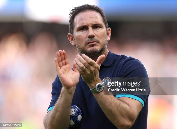Frank Lampard, manager of Chelsea applauds the crowd after the Premier League match between Chelsea FC and Newcastle United at Stamford Bridge on May...