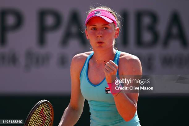 Ekaterina Alexandrova celebrates a point against Anna-Lena Friedsam of Germany during the Women's Singles Second Round match on Day Five of the 2023...